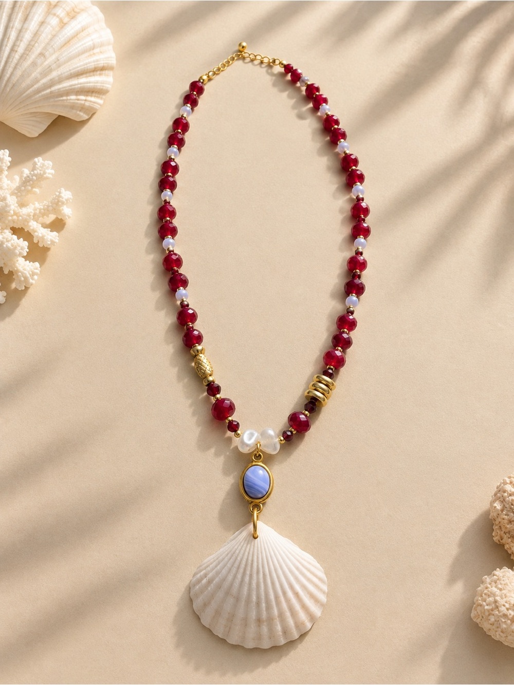 Red jasper and blue agate handmade seashell necklace